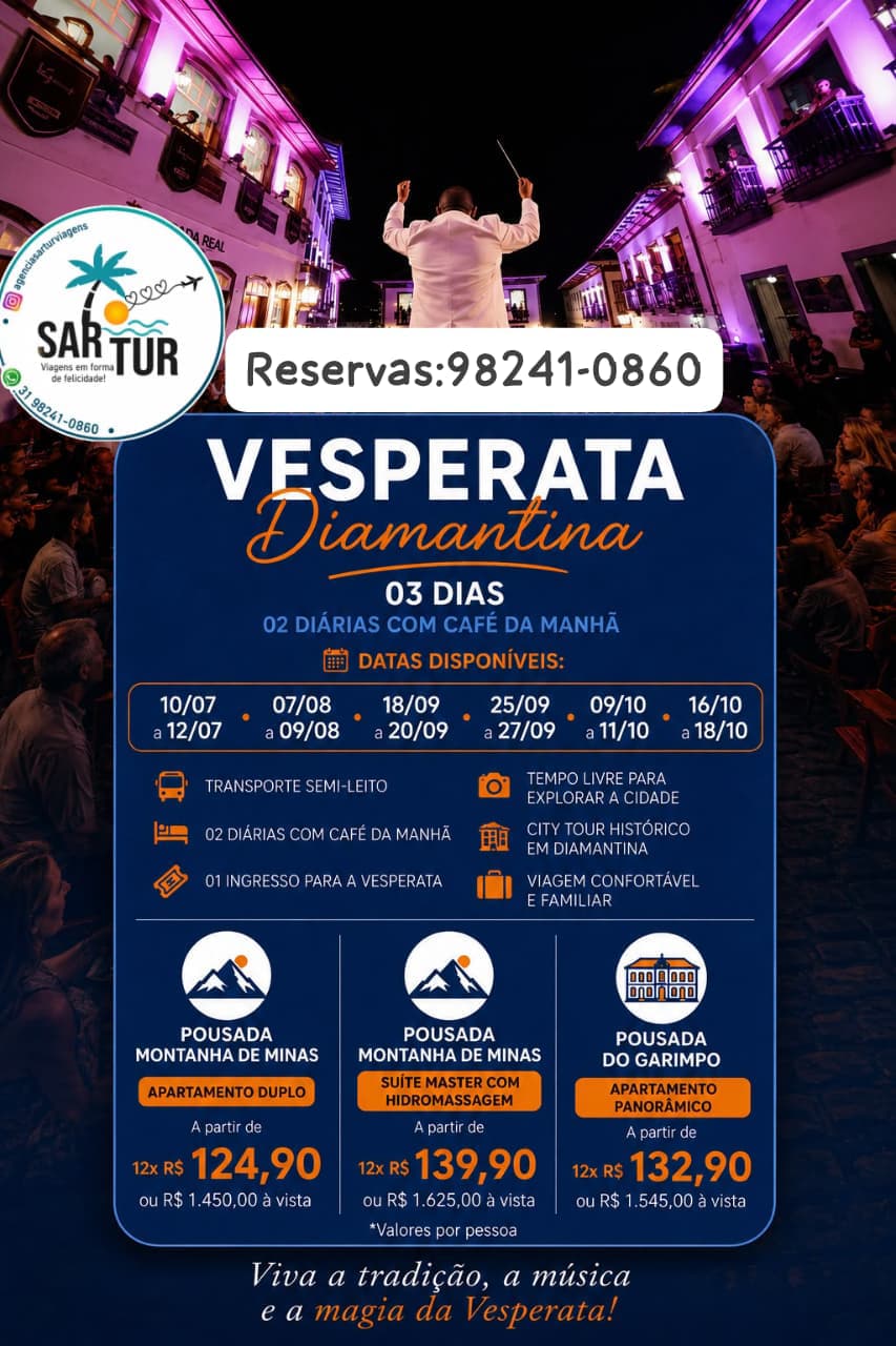 DIAMANTINA  - VESPERATA  - SETEMBRO - SAÍDA: 25/09 a 27/09/2026